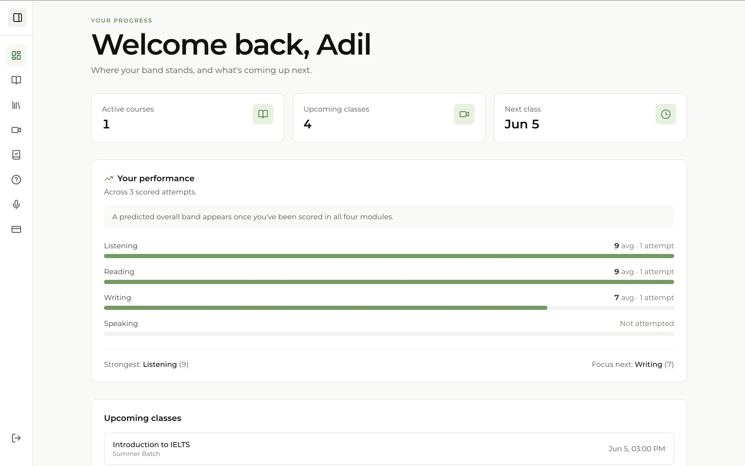 Student dashboard — performance overview, progress tracking, and upcoming classes.