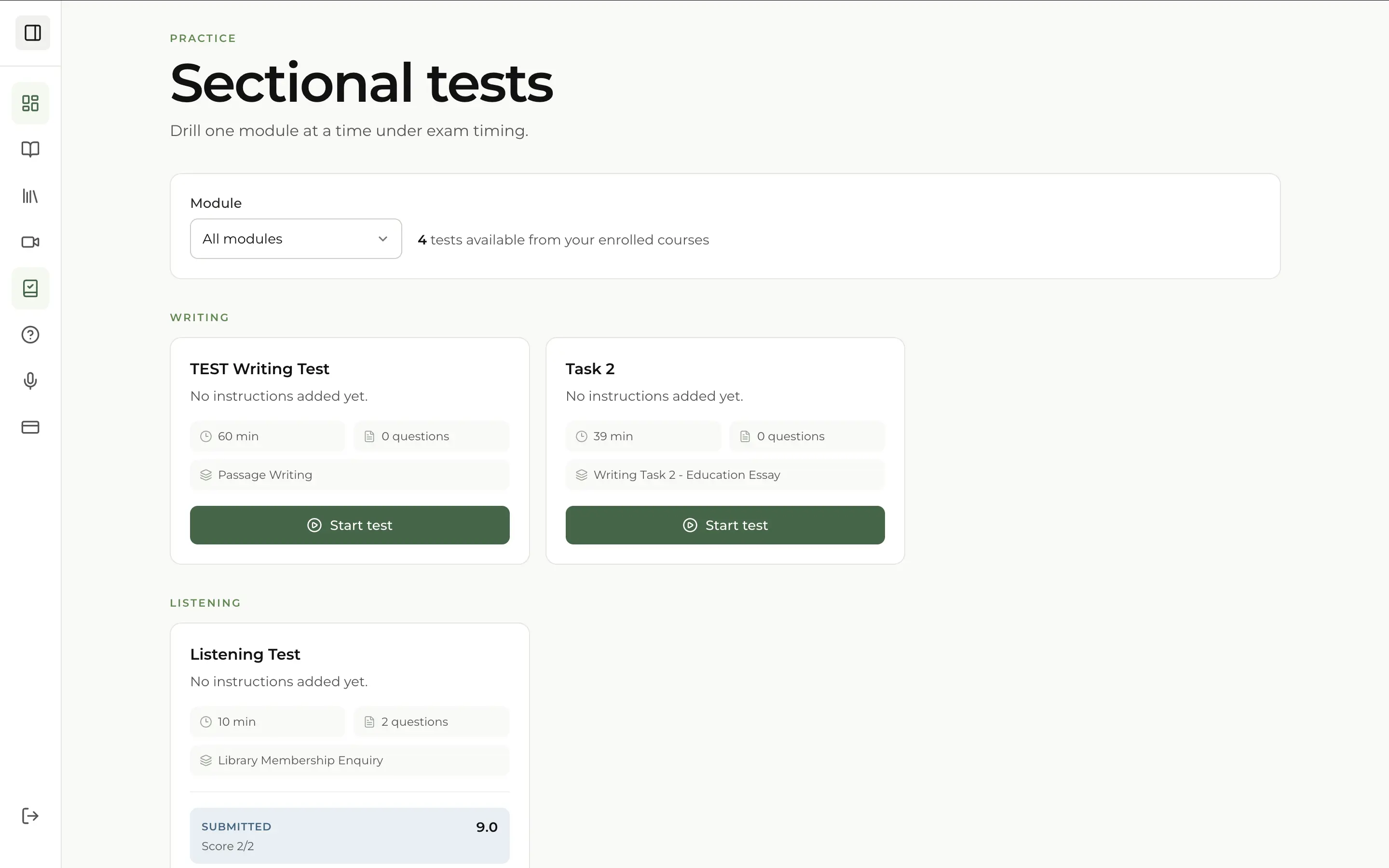 Sectional tests — practice individual IELTS modules under timed exam conditions.