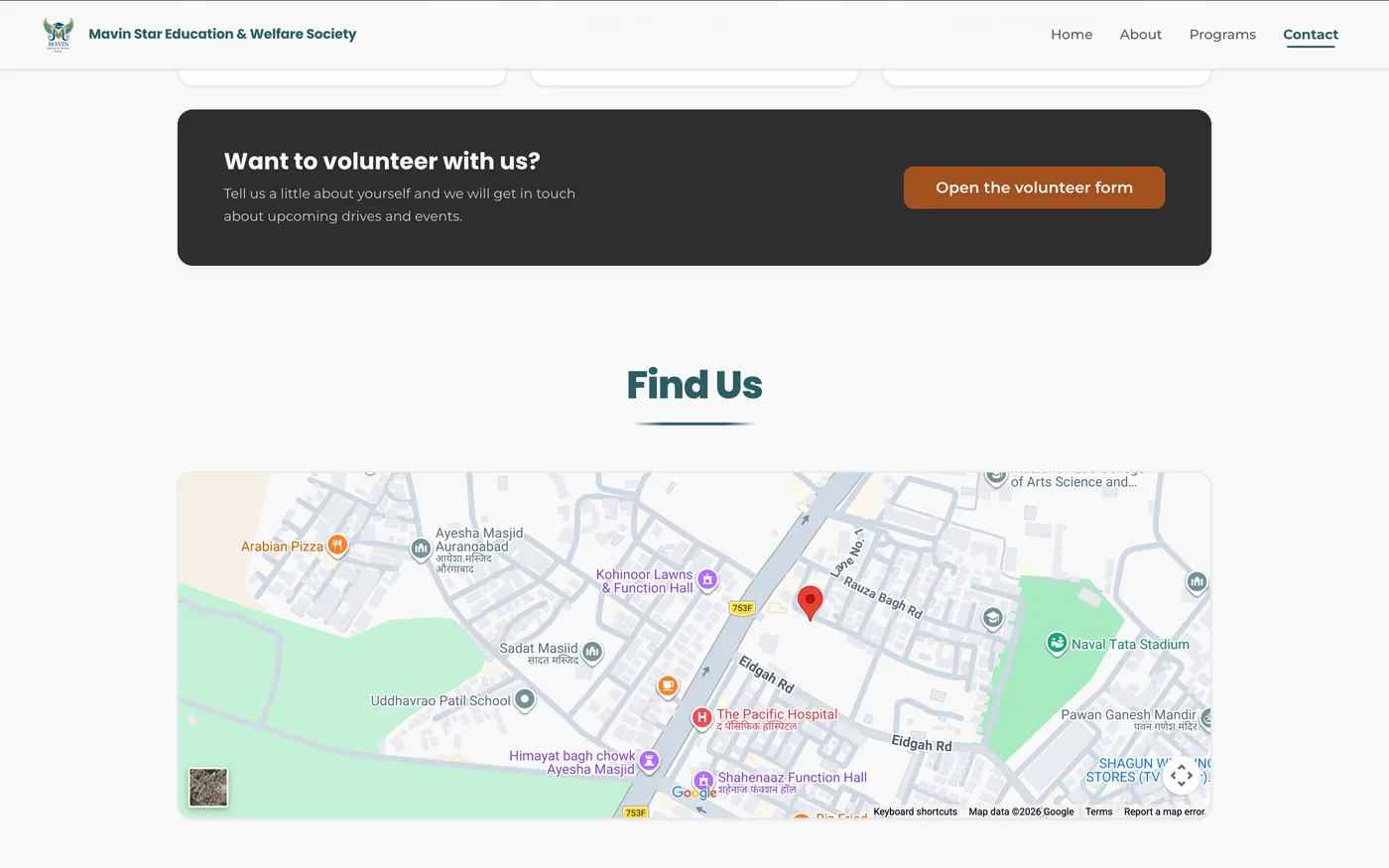 Volunteer form and Find Us map on the Contact page